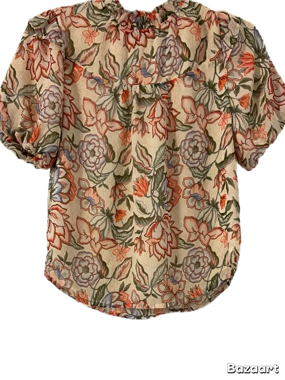 LOFT Floral Puff Short Sleeve Blouse Ruffle Mock Neck Keyhole Back